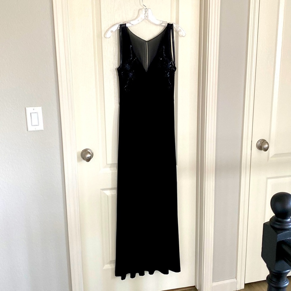 Size 6….Black beaded bodice…..sleeveless….full length dress